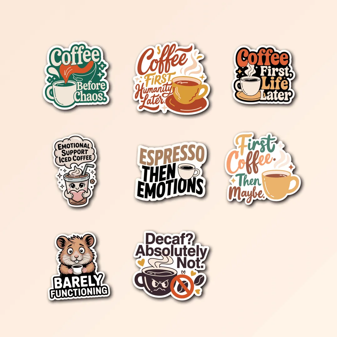 8 Funny Coffee Sticker Pack - Premium Vinyl Decals