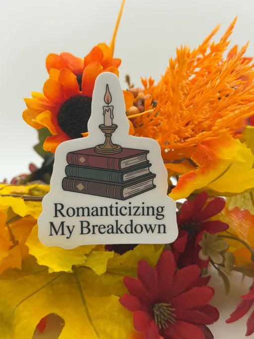 Vintage Books and Candle Romanticizing My Breakdown Sticker