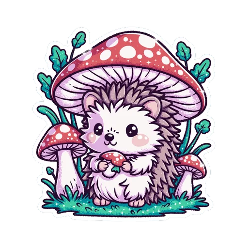 Cute Hedgehog With Mushrooms Kawaii Vinyl Sticker