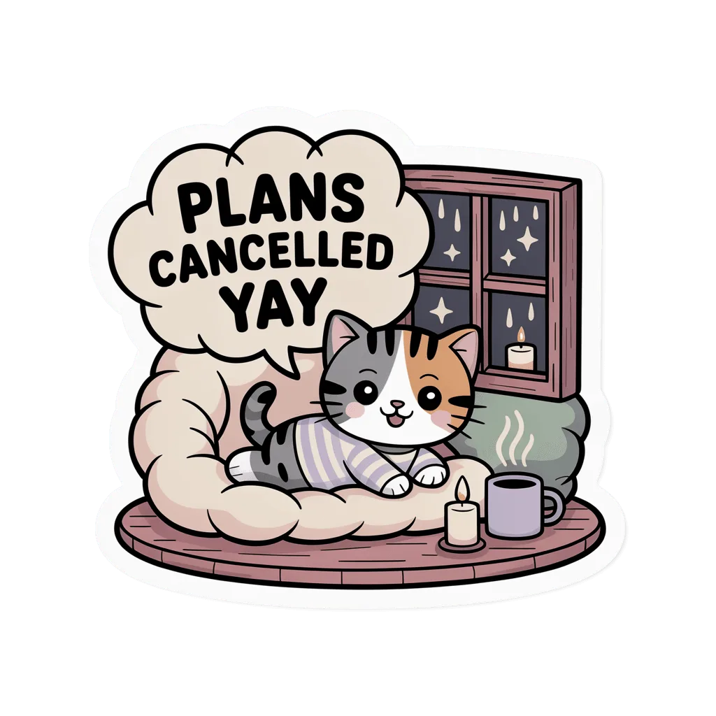 Plans Cancelled Yay Cozy Cat Vinyl Sticker