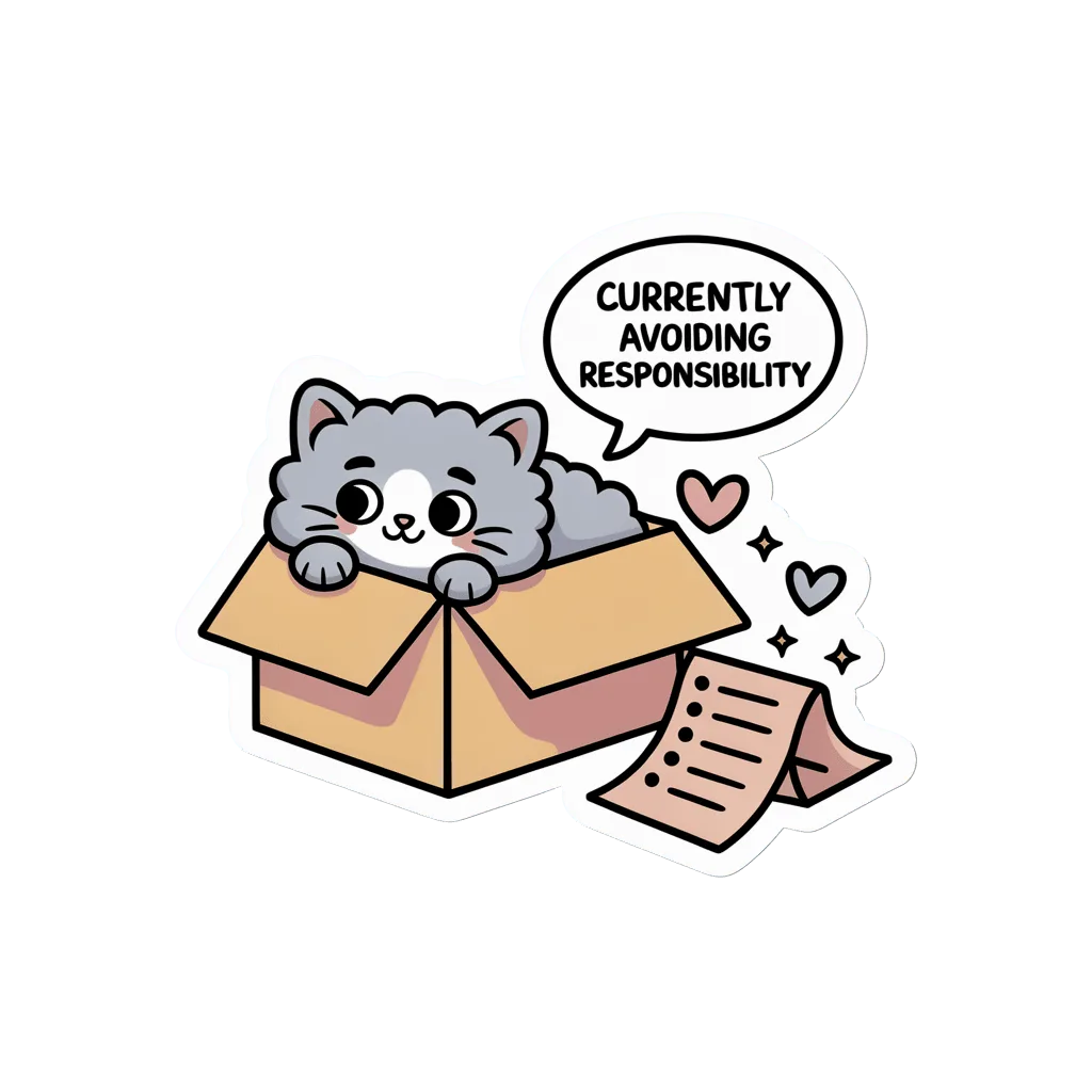 Cute Cat in Box Avoiding Responsibility Sticker