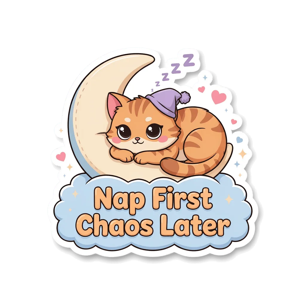 Cute Sleeping Cat Nap First Chaos Later Sticker