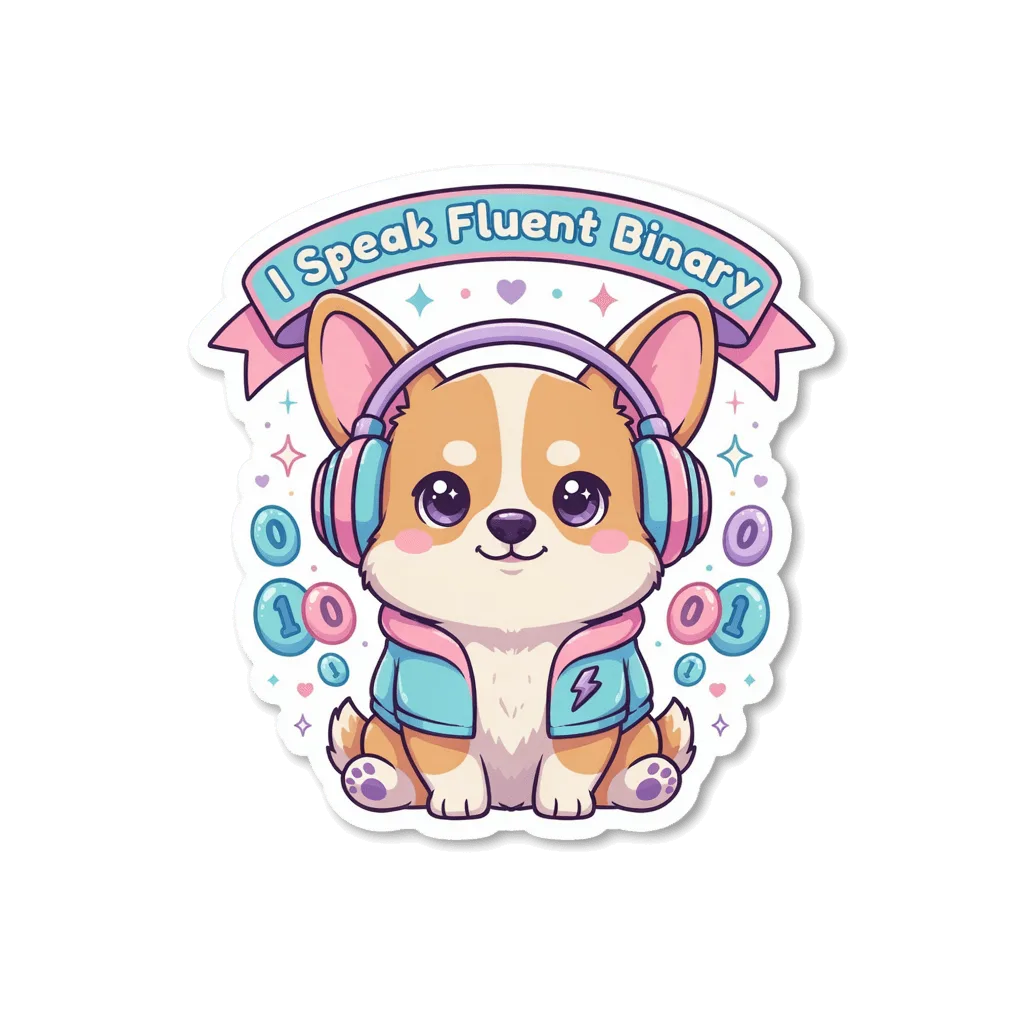 Cute Binary Corgi With Headphones Vinyl Sticker