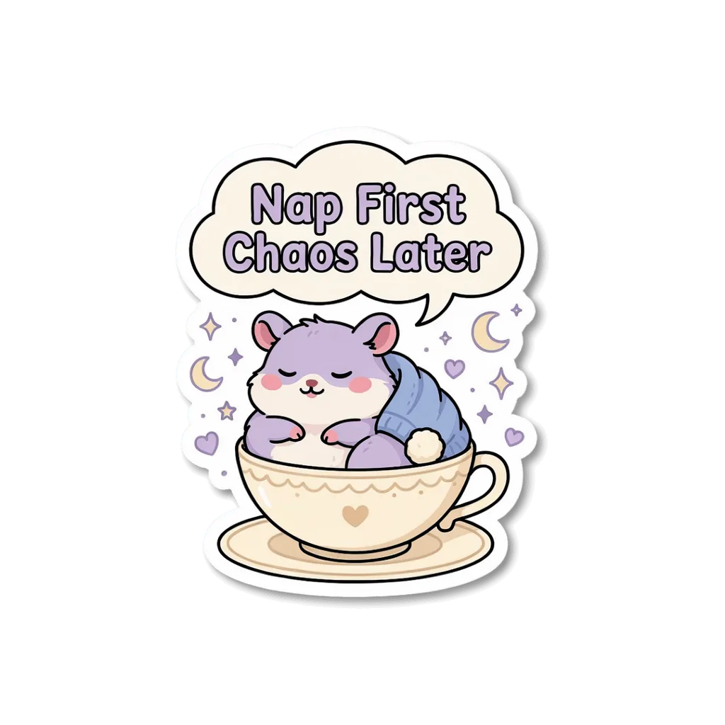 Cute Sleeping Hamster Teacup Nap First Chaos Later Sticker
