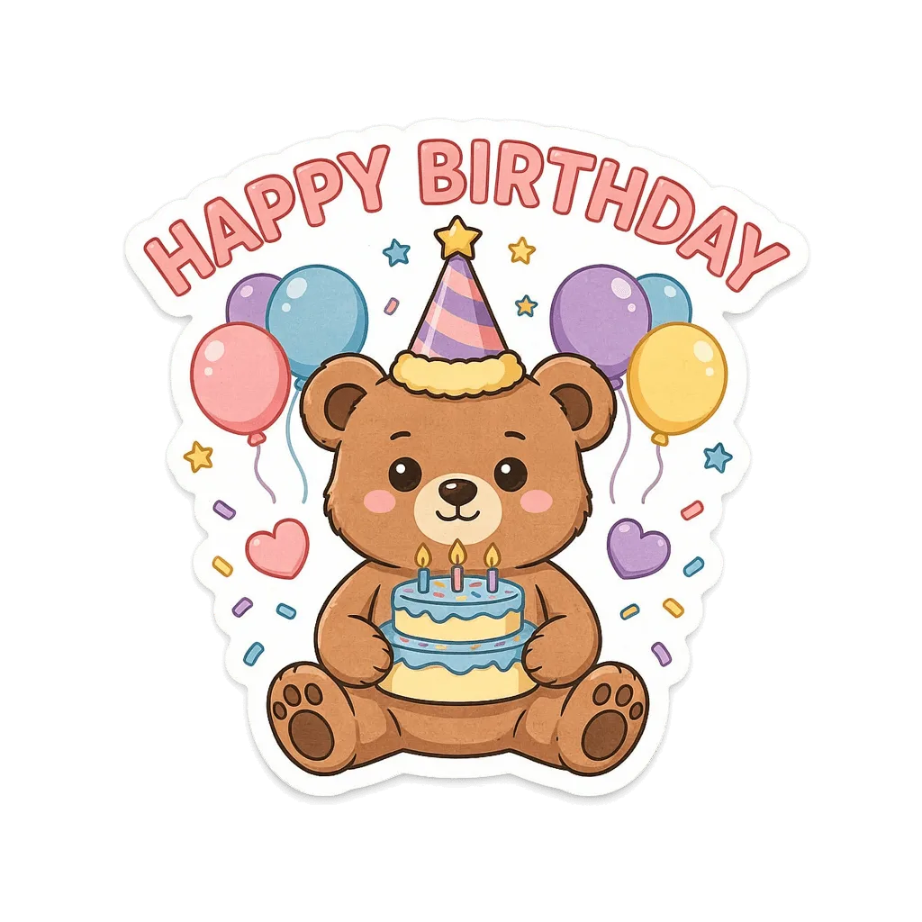 Cute Birthday Bear With Cake Vinyl Sticker