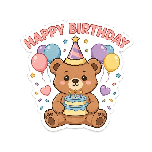 Cute Birthday Bear With Cake Vinyl Sticker