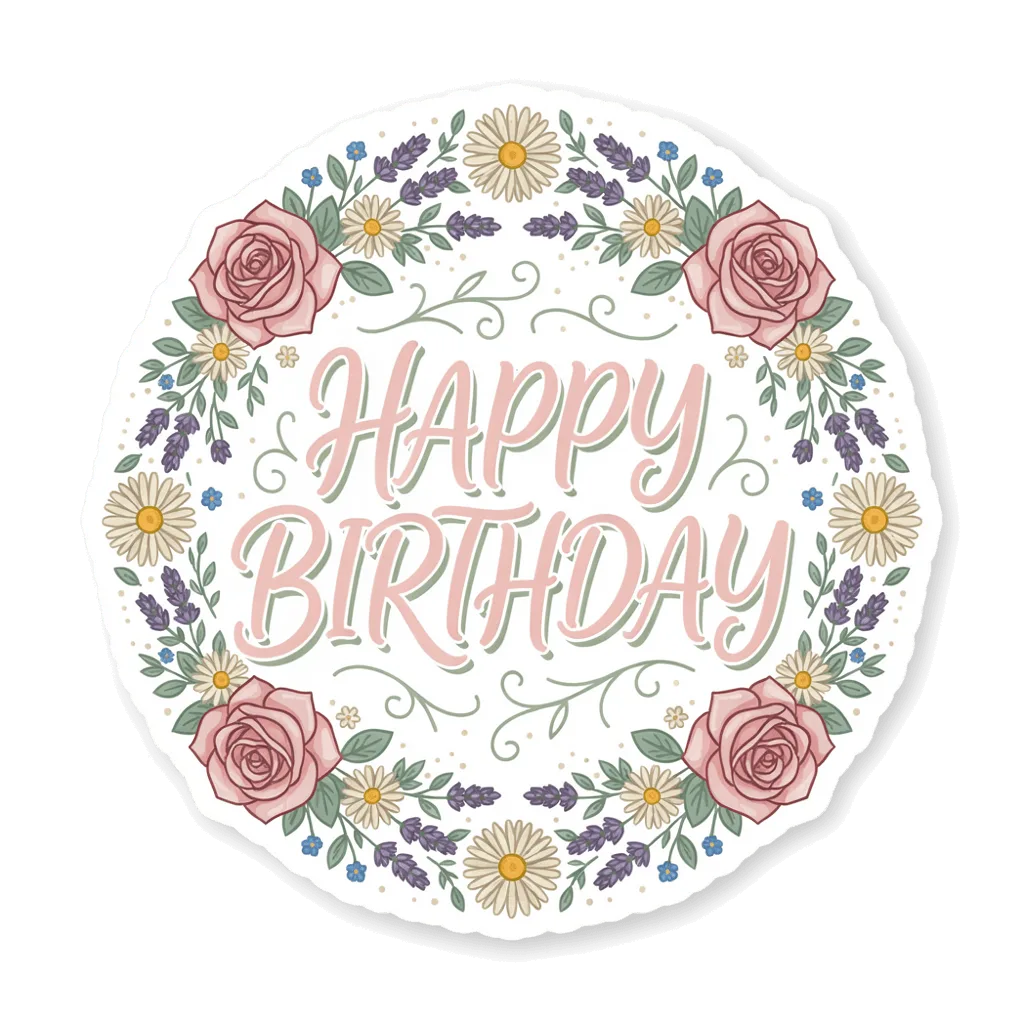 Floral Happy Birthday Round Vinyl Sticker