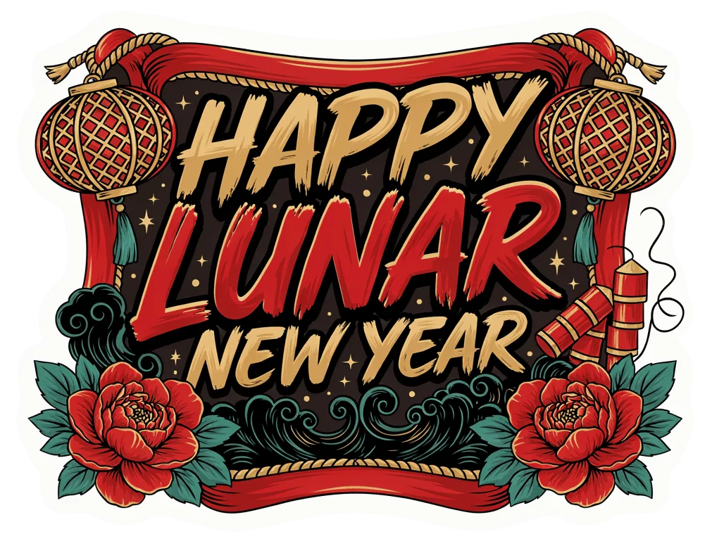Happy Lunar New Year Sticker Lantern Banner Floral Design
