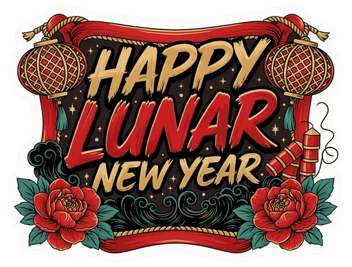 Happy Lunar New Year Sticker Lantern Banner Floral Design