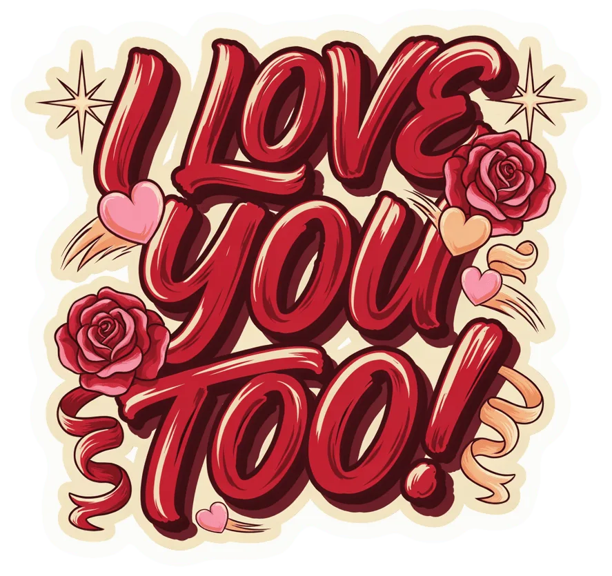 I Love You Too Sticker - Romantic Vinyl Decal with Roses and Hearts
